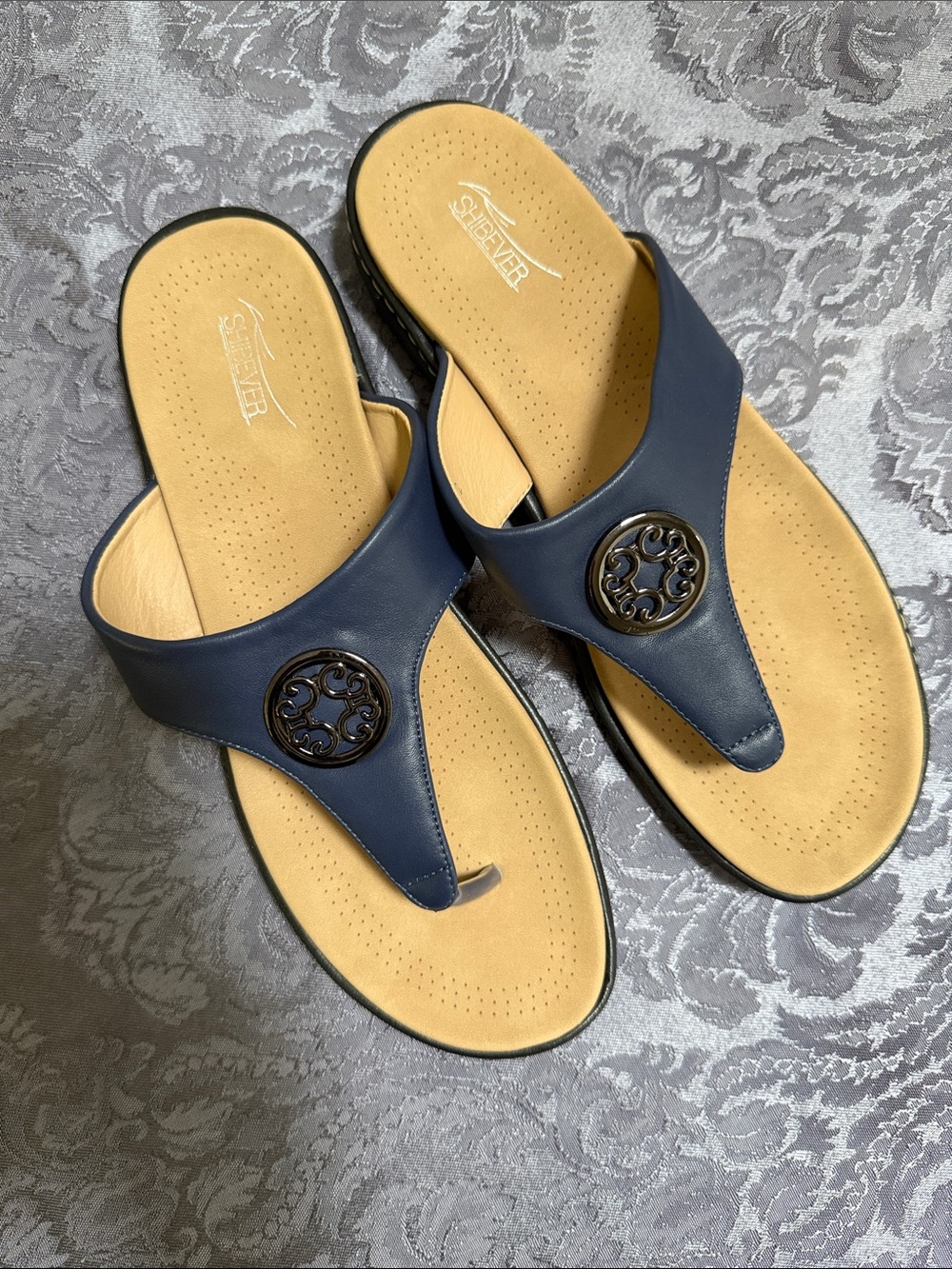Skechers Navy and Tan Thong Sandals with Decorative Emblem
